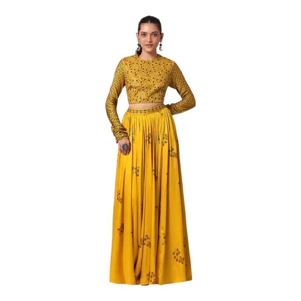 Kalki Fashion Traditional Skirt Set in mustard yellow with‎ gold print